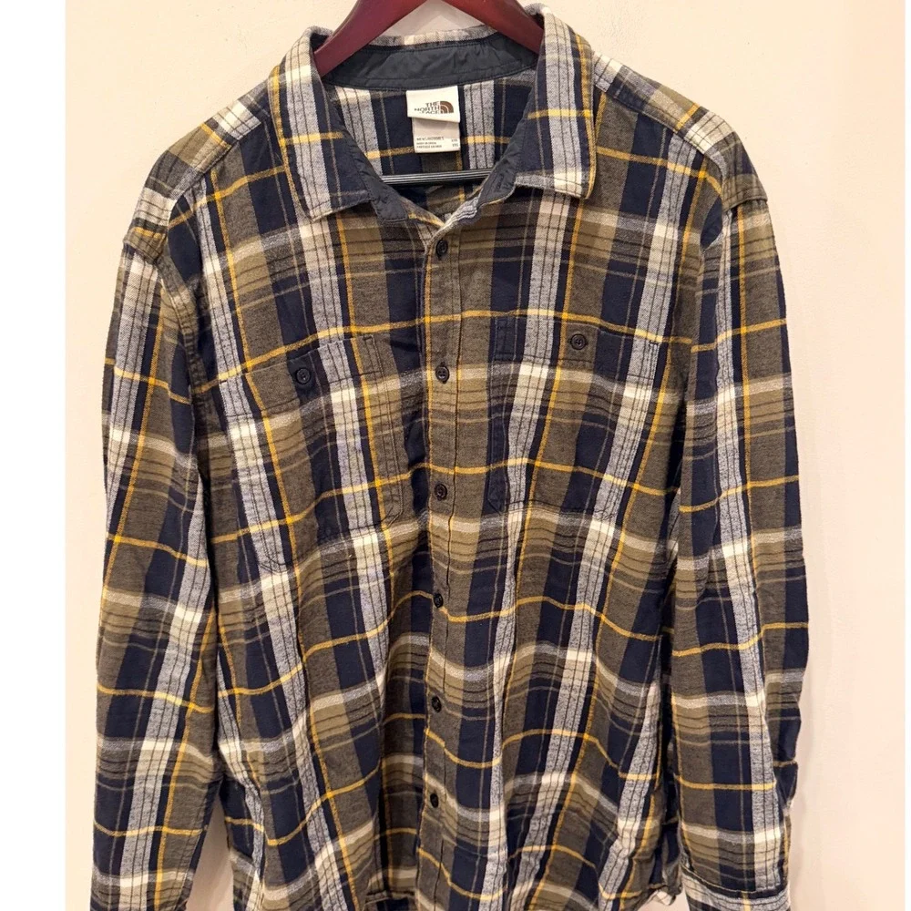 The North Face Mens XXL Plaid Flannel Button Down Shirt Navy Green NF0A5J5I